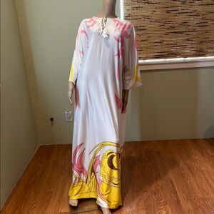 White Maxi Dress with Pink and Yellow Accents Tie At Neck